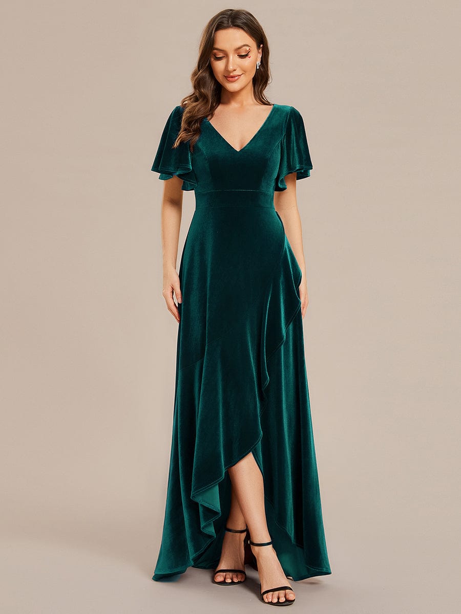 Velvet Ruffles Sleeve Stretchy Double V-Neck A-Line Evening Dress -  Ever-Pretty US