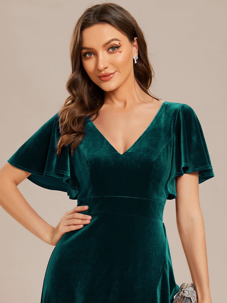 Double V-Neck Short Sleeves Stretchy Velvet Evening Dress with Lotus Leaf Hem #color_Dark Green