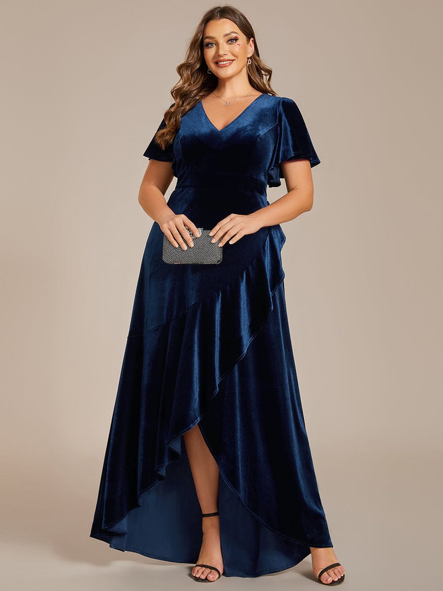 Plus Size Lotus Leaf Hem A-Line V-Neck Ruffles Sleeve Velvet Evening Dress #color_Navy Blue