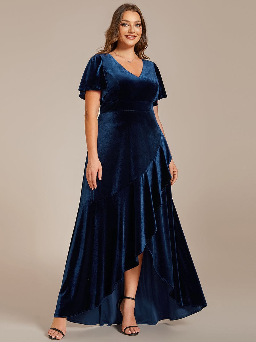 Plus Size Lotus Leaf Hem A-Line V-Neck Ruffles Sleeve Velvet Evening Dress #color_Navy Blue