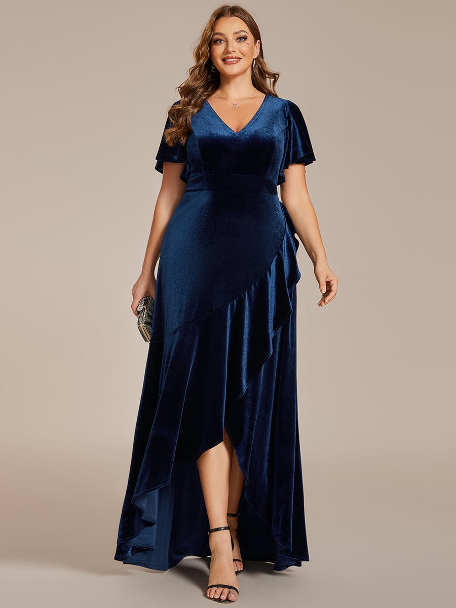 Plus Size Lotus Leaf Hem A-Line V-Neck Ruffles Sleeve Velvet Evening Dress #color_Navy Blue