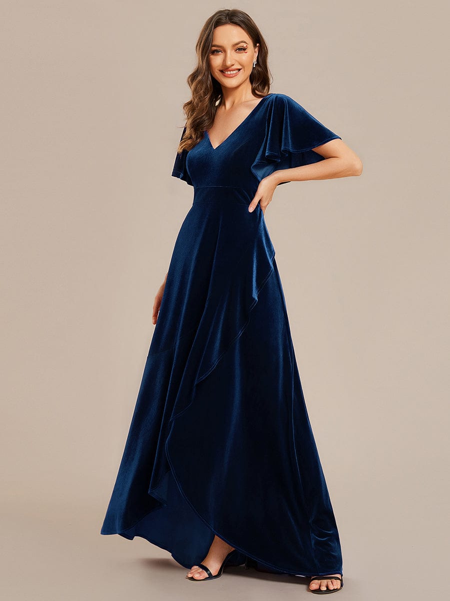 Double V-Neck Short Sleeves Stretchy Velvet Evening Dress with Lotus Leaf Hem #color_Navy Blue