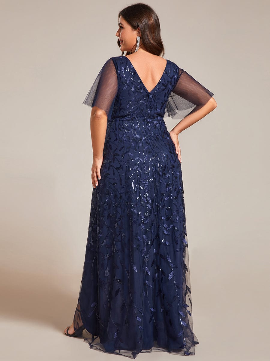Plus Size Short Sleeves Sequin High Low V-Neck Midi Formal Evening Dress #color_Navy Blue
