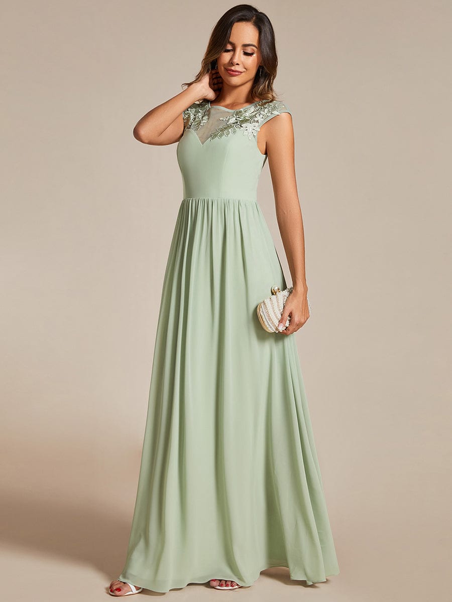 Shoulder Applique Round Neckline A-Line Formal Evening Dress featuring Cap Sleeves #color_Mint Green