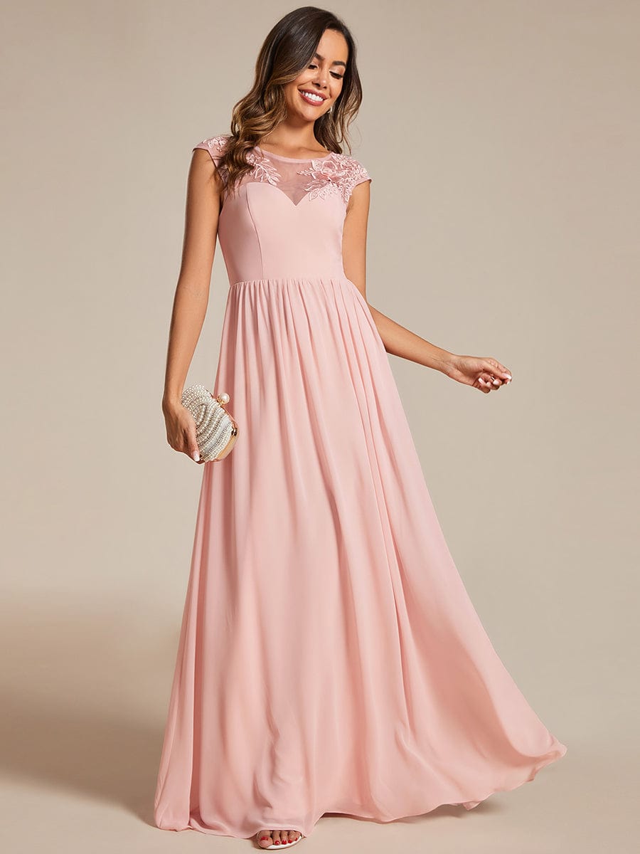 Shoulder Applique Round Neckline A-Line Formal Evening Dress featuring Cap Sleeves #color_Pink