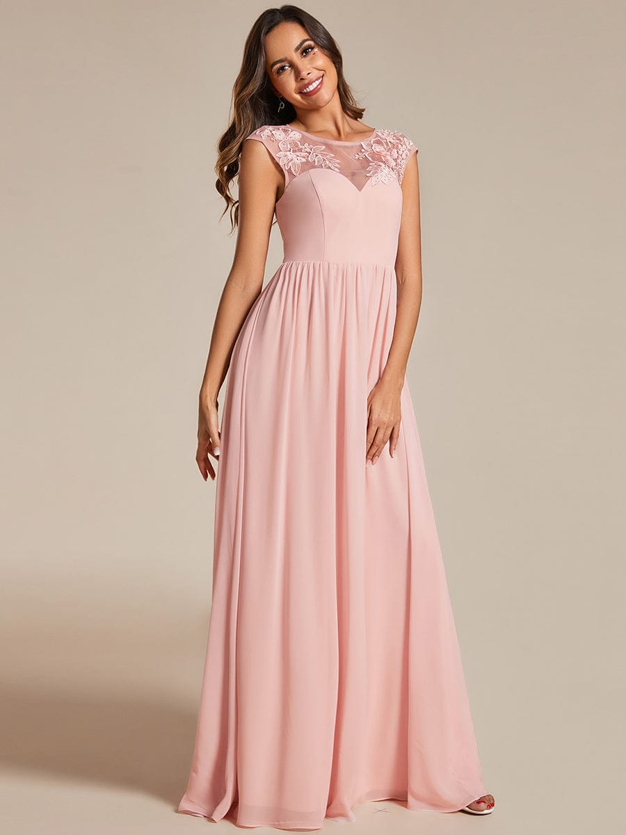 Shoulder Applique Round Neckline A-Line Formal Evening Dress featuring Cap Sleeves #color_Pink