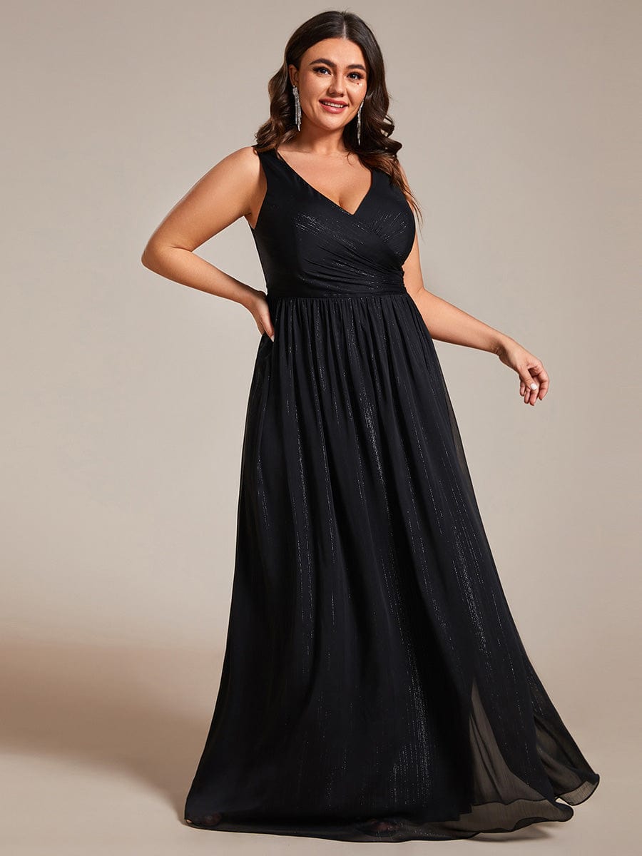 Plus Size V-Neck Sleeveless Glitter A-Line Formal Dress #color_Black