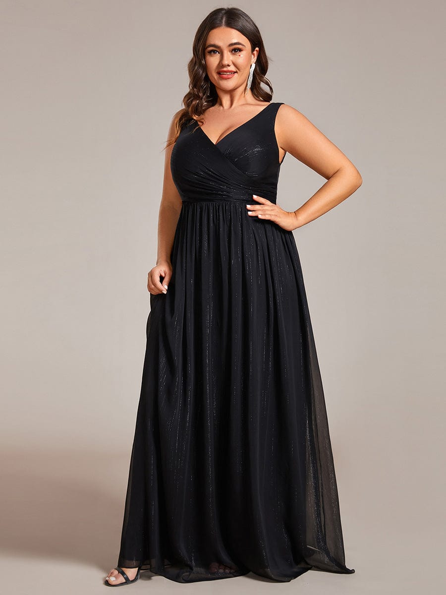 Floor Length V-Neck Sleeveless Glitter A-Line Evening Formal Dress #color_Black