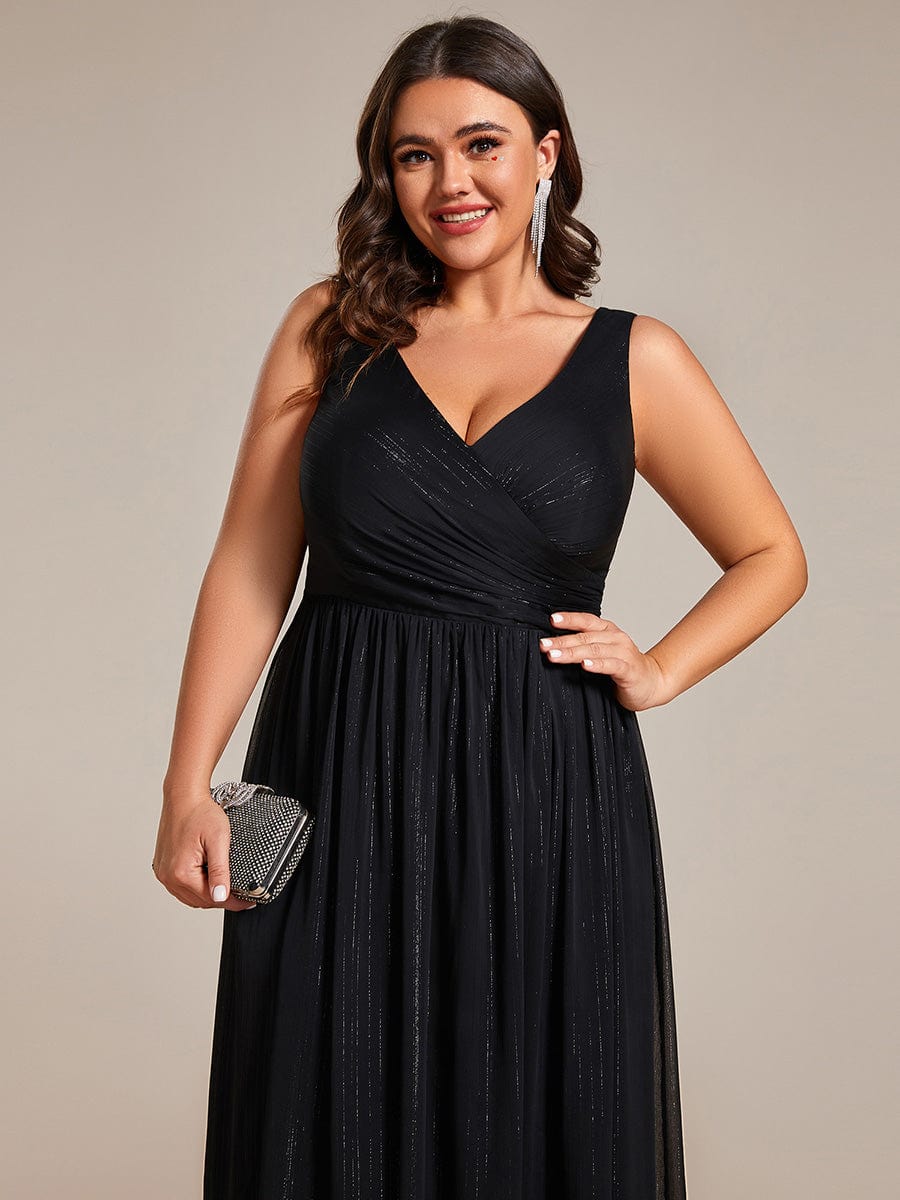 Plus Size V-Neck Sleeveless Glitter A-Line Formal Dress #color_Black