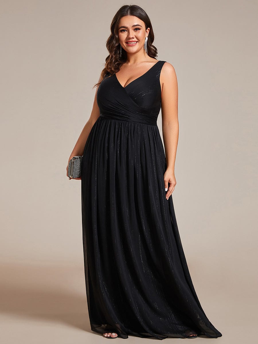 Plus Size V-Neck Sleeveless Glitter A-Line Formal Dress #color_Black