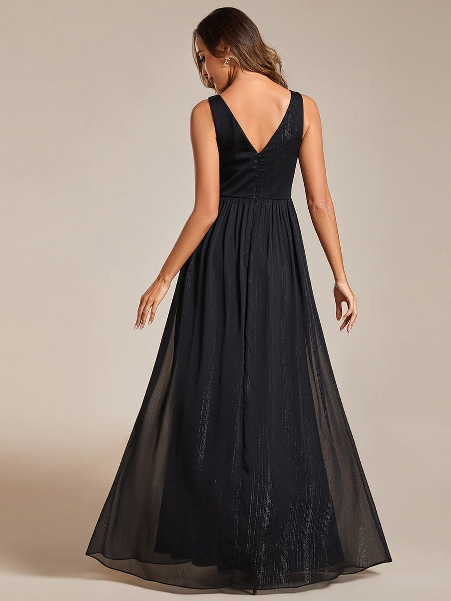 Floor Length V-Neck Sleeveless Glitter A-Line Evening Formal Dress #color_Black