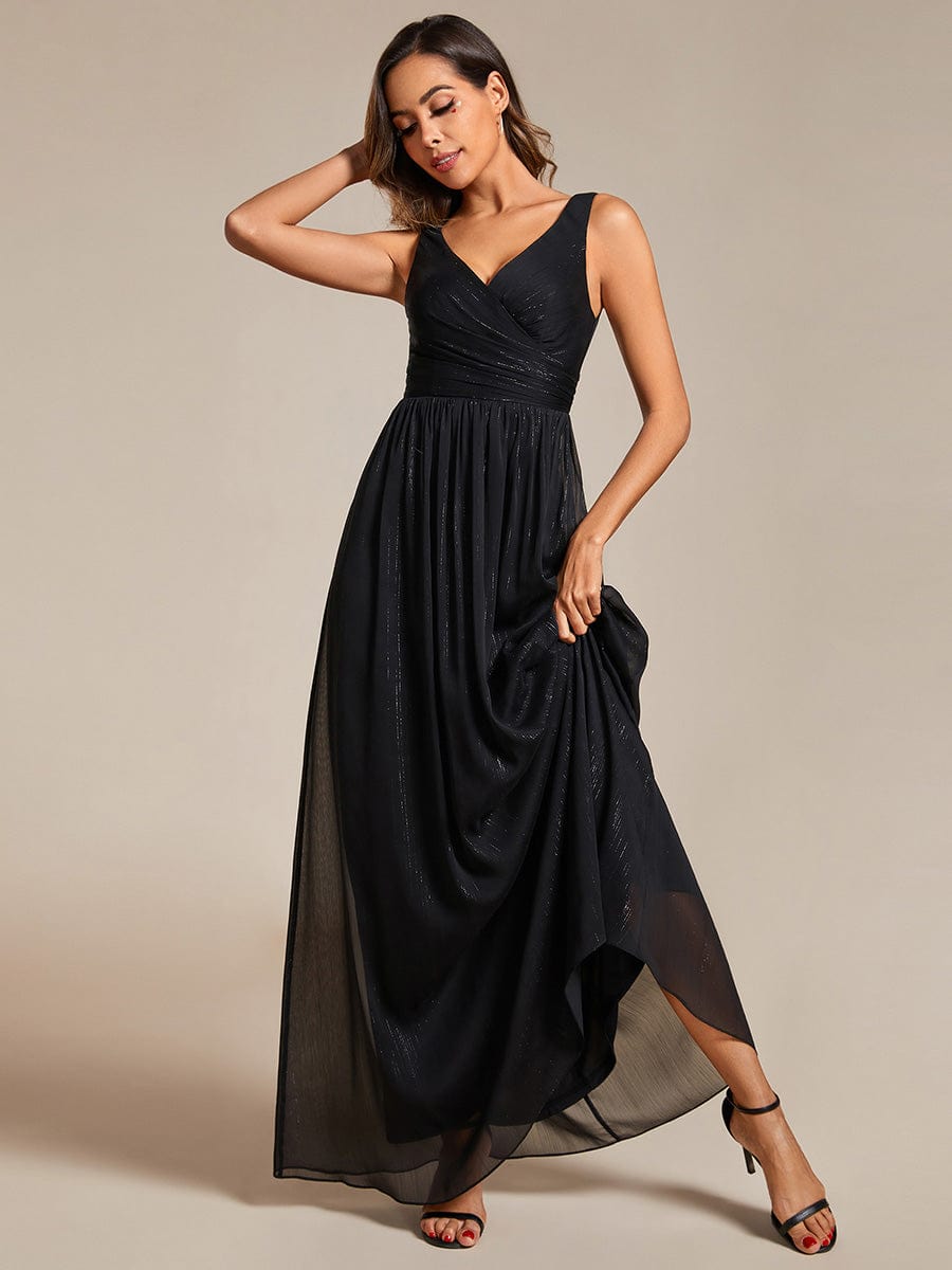 Floor Length V-Neck Sleeveless Glitter A-Line Evening Formal Dress #color_Black