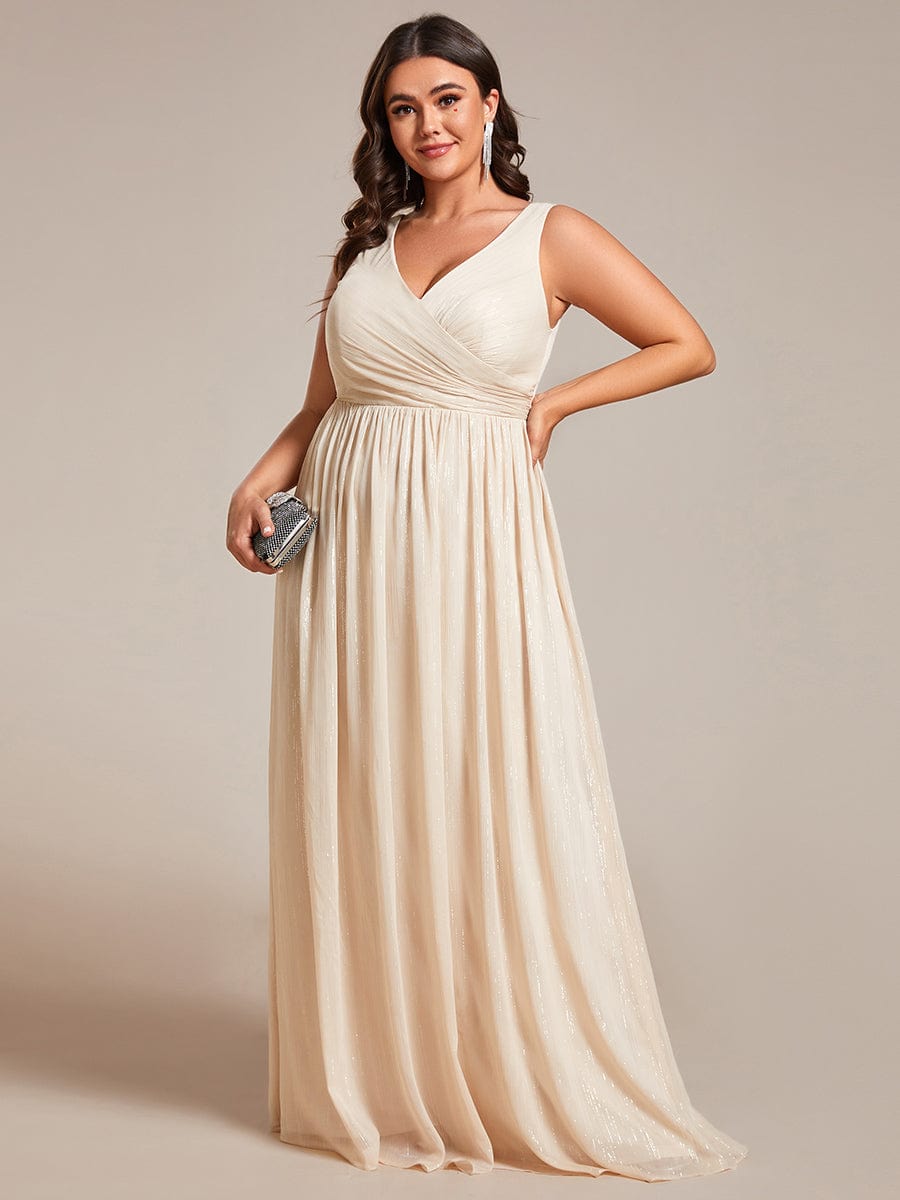 Floor Length V-Neck Sleeveless Glitter A-Line Evening Formal Dress #color_Champagne