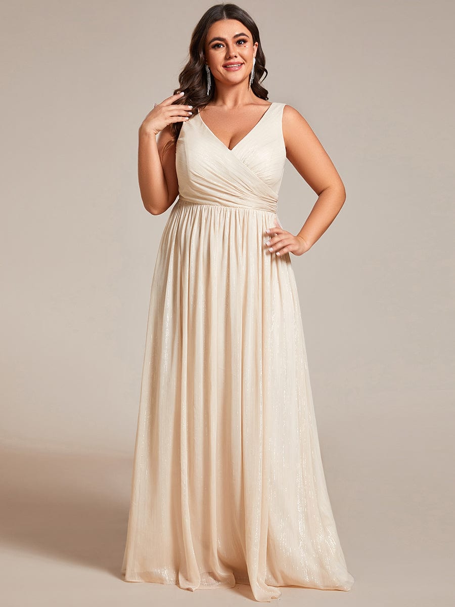 Plus Size V-Neck Sleeveless Glitter A-Line Formal Dress #color_Champagne