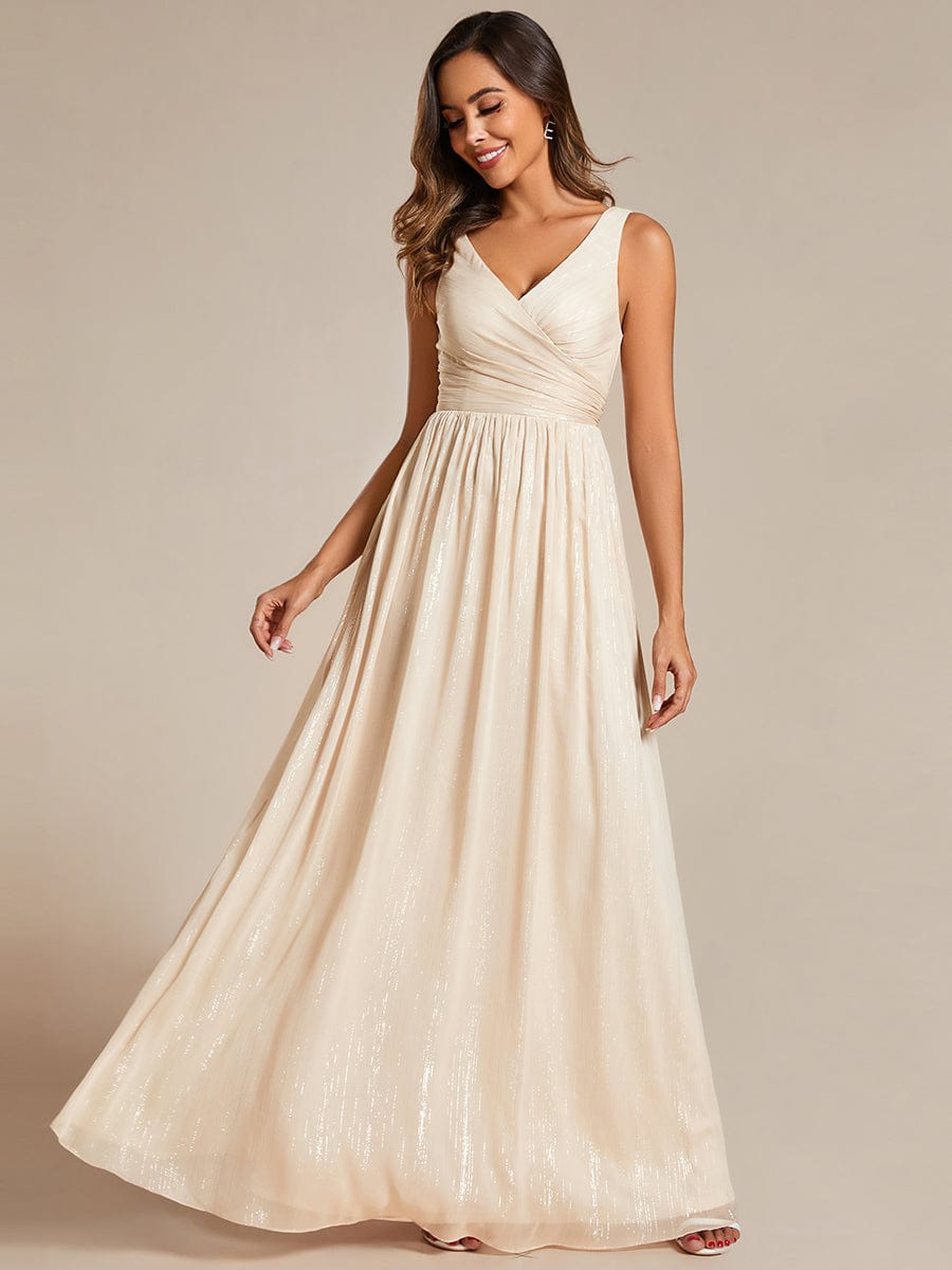 Floor Length V-Neck Sleeveless Glitter A-Line Evening Formal Dress #color_Champagne