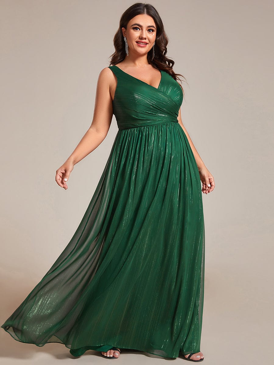 Floor Length V-Neck Sleeveless Glitter A-Line Evening Formal Dress #color_Dark Green