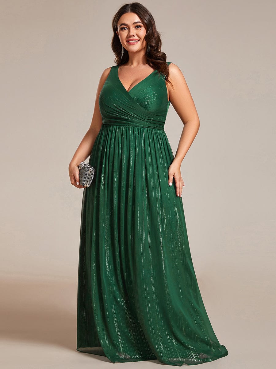 Plus Size V-Neck Sleeveless Glitter A-Line Formal Dress #color_Dark Green