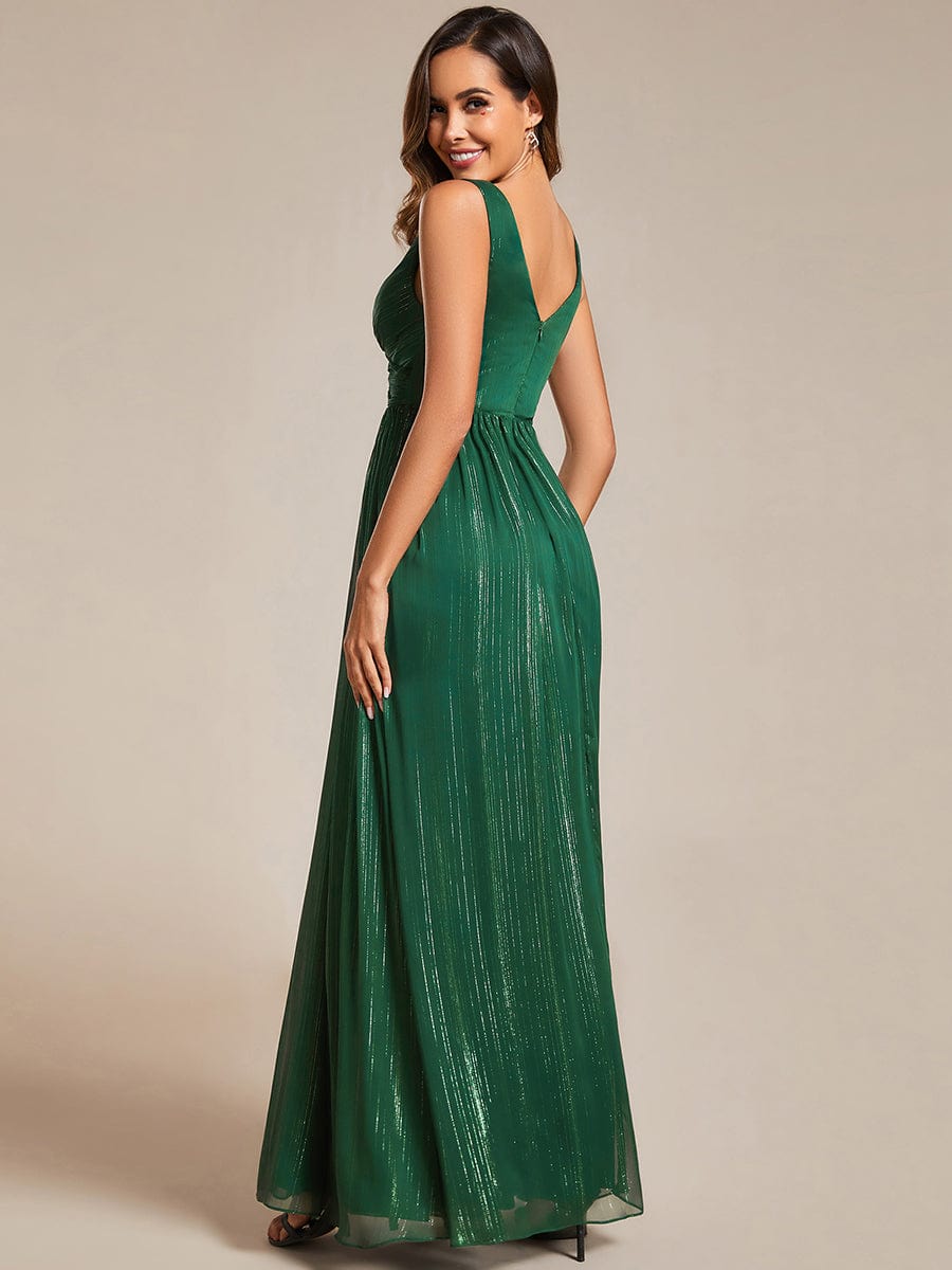 Floor Length V-Neck Sleeveless Glitter A-Line Evening Formal Dress #color_Dark Green