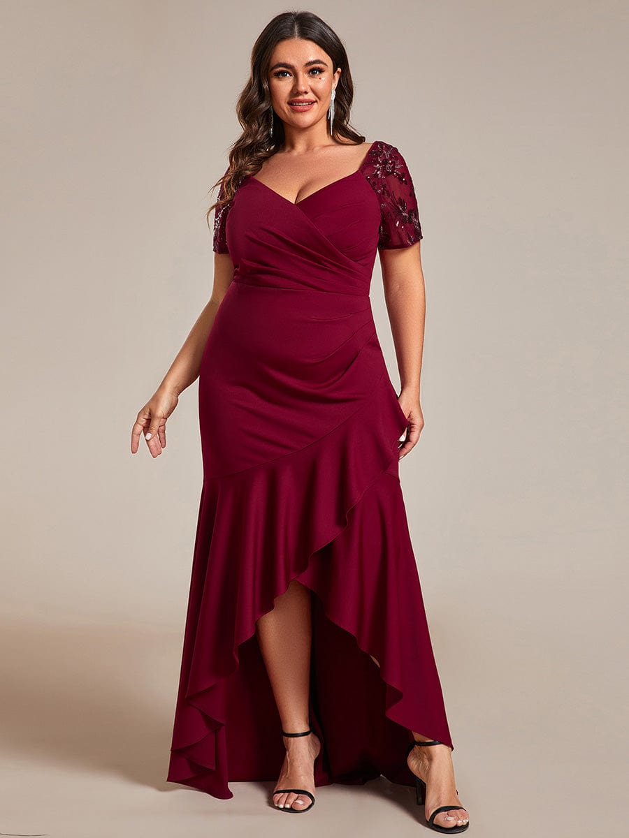 Plus Size High-Low V-Neck Bodycon Fishtail Formal Evening Dress #color_Burgundy