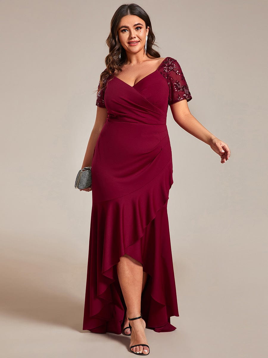 Plus Size High-Low V-Neck Bodycon Fishtail Formal Evening Dress #color_Burgundy