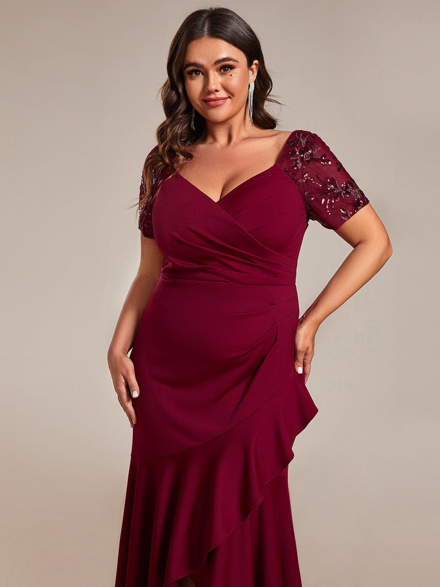 Plus Size High-Low V-Neck Bodycon Fishtail Formal Evening Dress #color_Burgundy