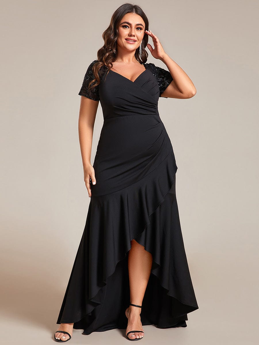 Plus Size High-Low V-Neck Bodycon Fishtail Formal Evening Dress #color_Black