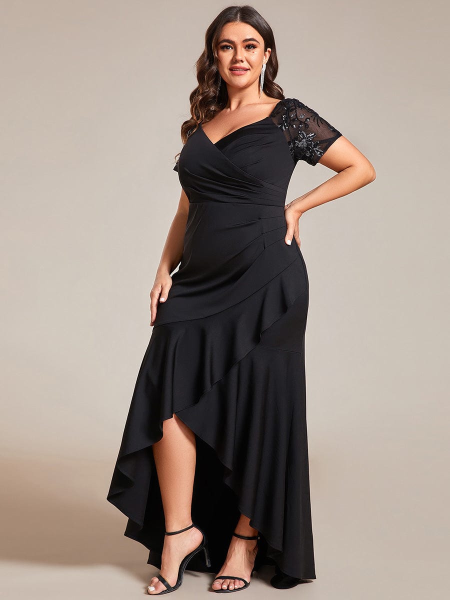 Plus Size High-Low V-Neck Bodycon Fishtail Formal Evening Dress #color_Black