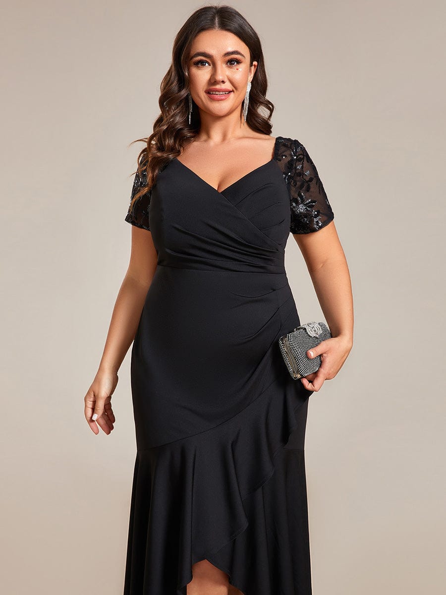 Plus Size High-Low V-Neck Bodycon Fishtail Formal Evening Dress #color_Black