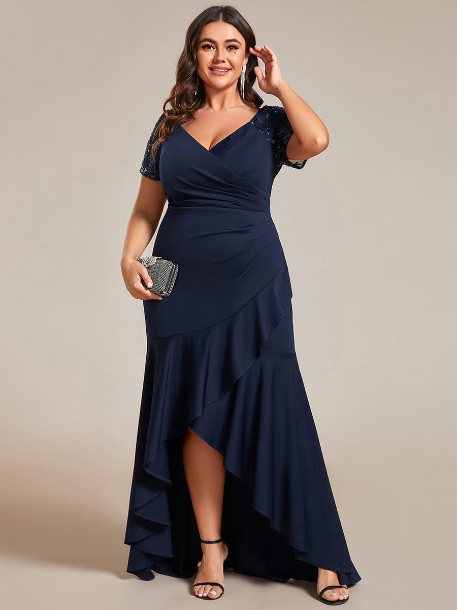 Plus Size High-Low V-Neck Bodycon Fishtail Formal Evening Dress #color_Navy Blue