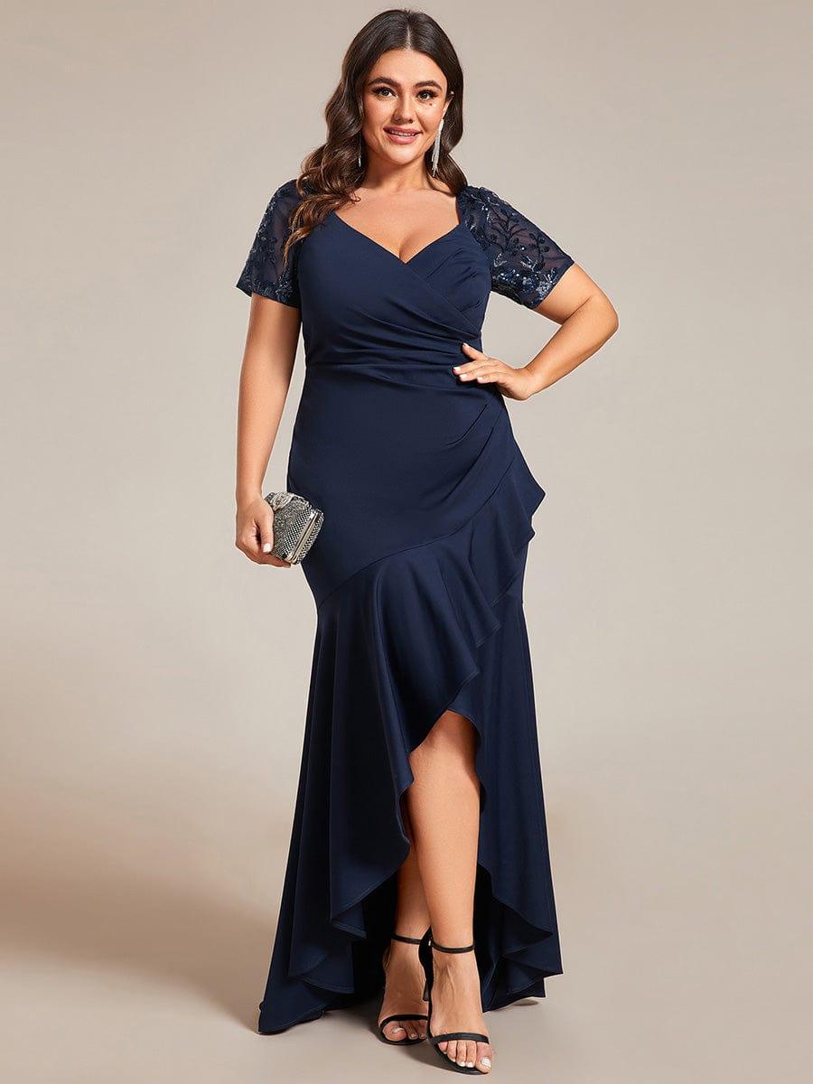 Plus Size Short Sleeves High low Double V-Neck Bodycon Fishtail Formal ...