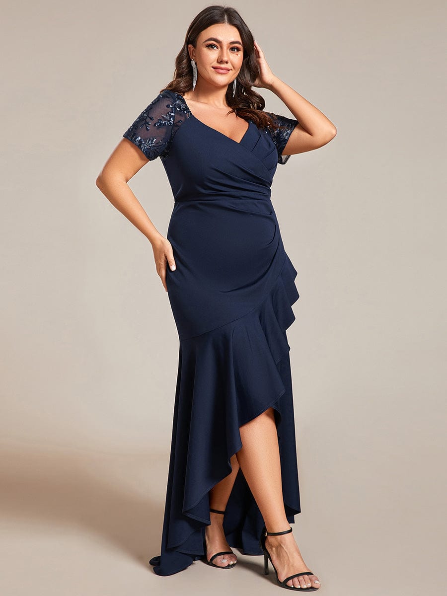 Plus Size High-Low V-Neck Bodycon Fishtail Formal Evening Dress #color_Navy Blue