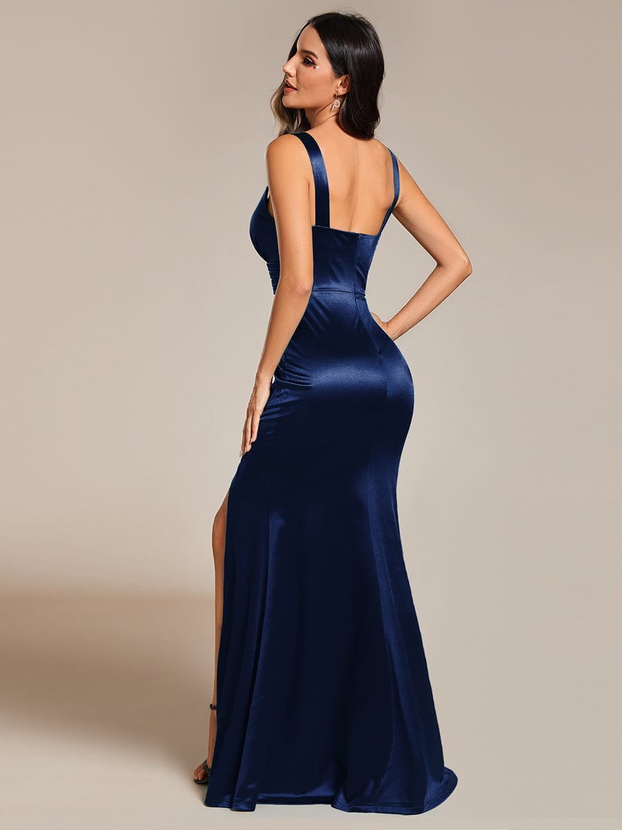 V-Neck Satin Spaghetti Strap High-Slit Fishtail Evening Dresses #color_Navy Blue