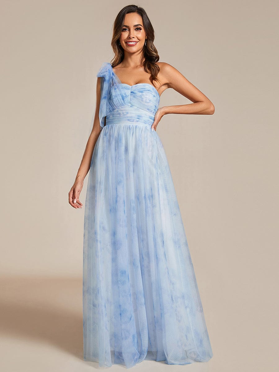 Floral Printed Empire Waist Strapless Formal Evening Dress with A-line #color_Ice Blue