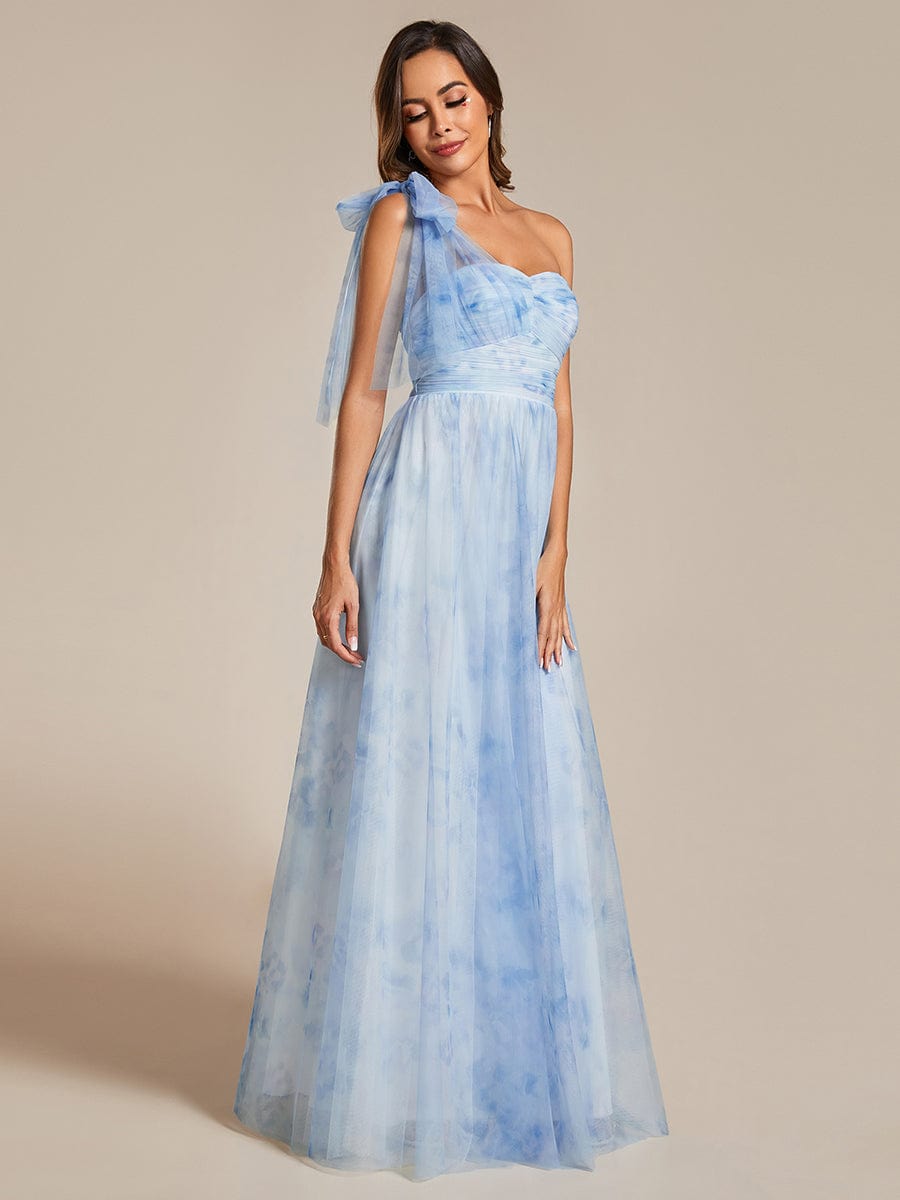 Floral Printed Empire Waist Strapless Formal Evening Dress with A-line #color_Ice Blue