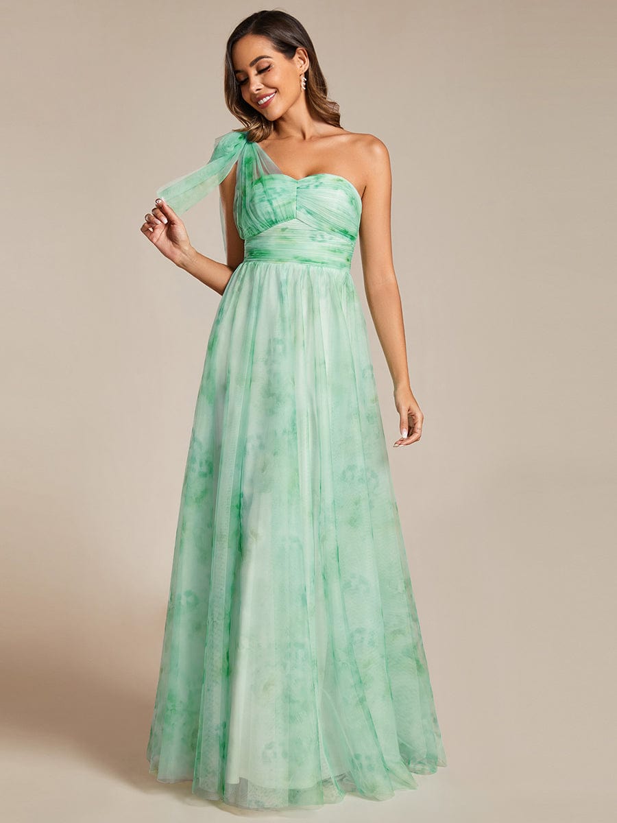 Floral Printed Empire Waist Strapless Formal Evening Dress with A-line #color_Mint Green