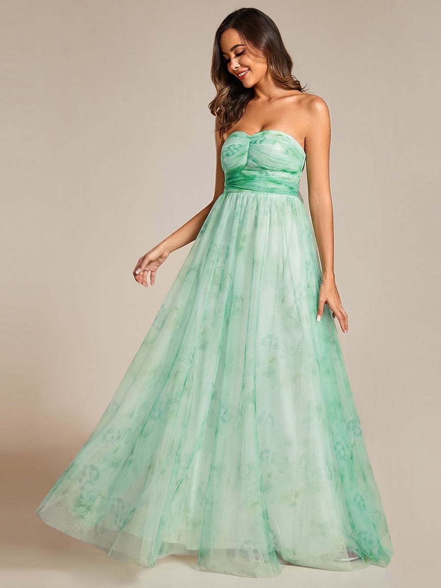 Floral Printed Empire Waist Strapless Formal Evening Dress with A-line #color_Mint Green