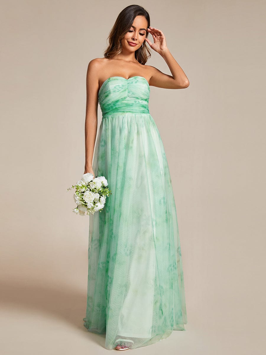 Floral Printed Empire Waist Strapless Formal Evening Dress with A-line #color_Mint Green