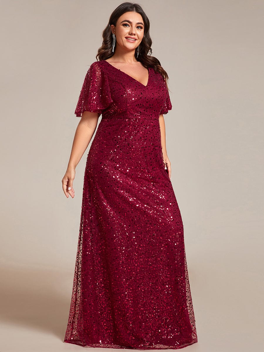 Plus Size See-Through Short Sleeves Maxi Sequin Formal Evening Dress #color_Burgundy