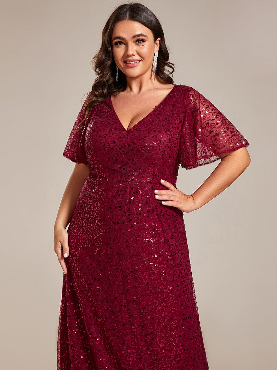 Plus Size See-Through Short Sleeves Maxi Sequin Formal Evening Dress #color_Burgundy