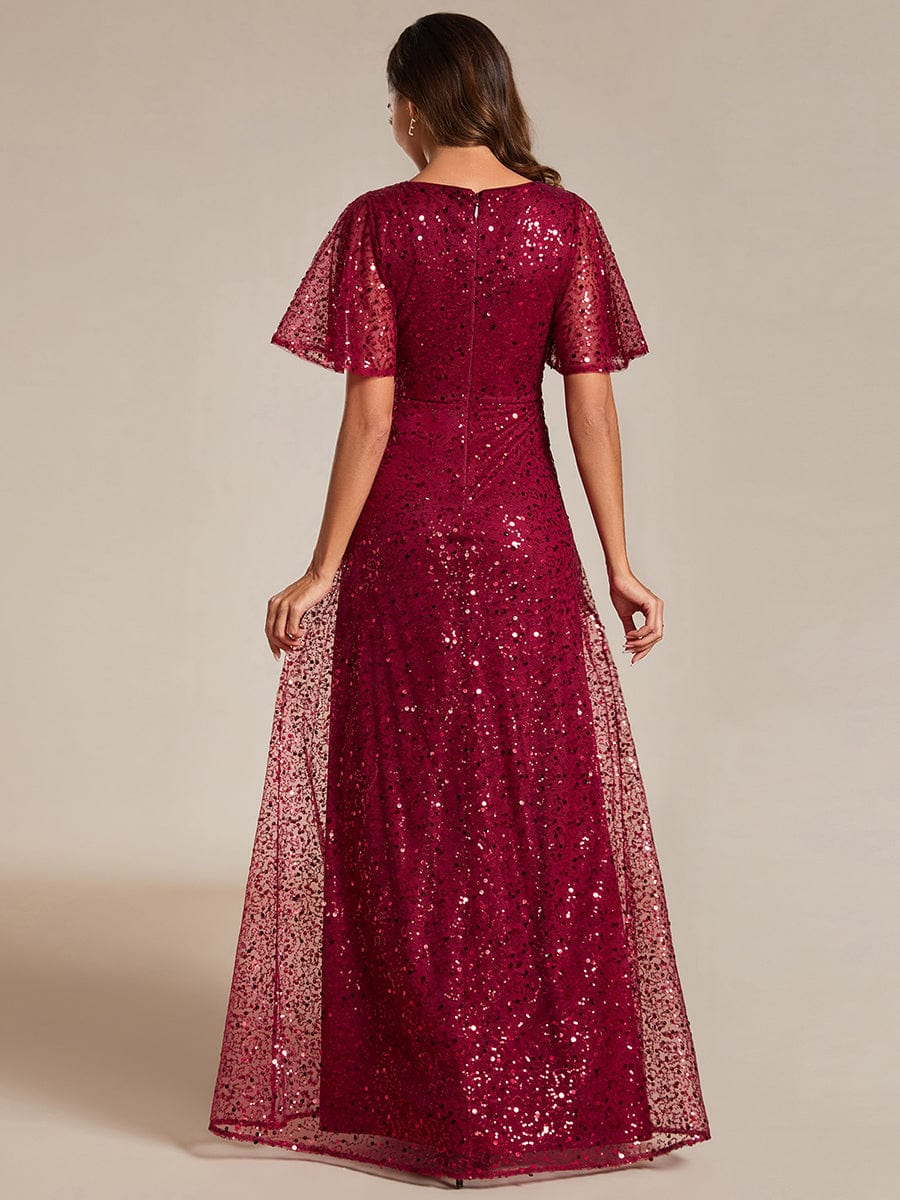 Shimmering All Over Sequin Short Sleeves A-Line Formal Evening Dress #color_Burgundy