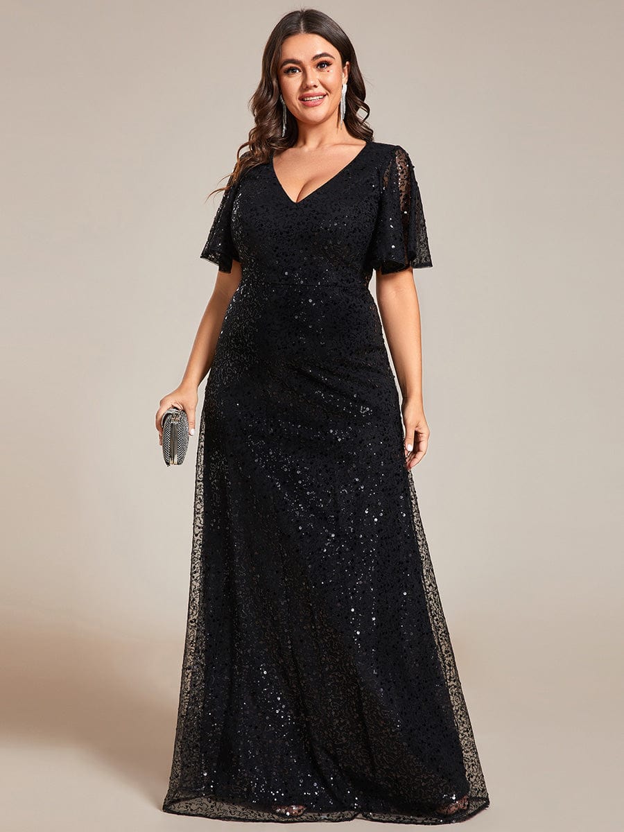 Plus Size See-Through Short Sleeves Maxi Sequin Formal Evening Dress #color_Black