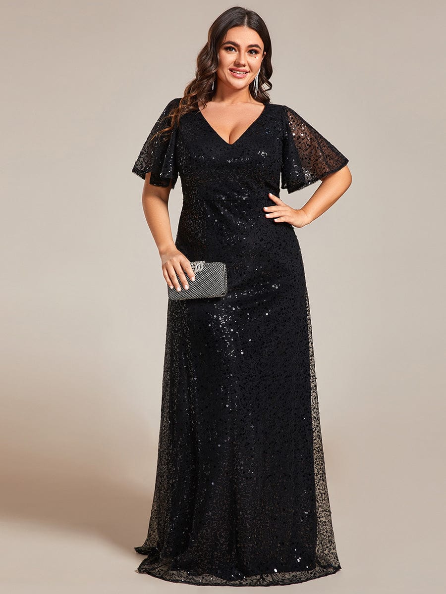 Shimmering All Over Sequin Short Sleeves A-Line Formal Evening Dress #color_Black