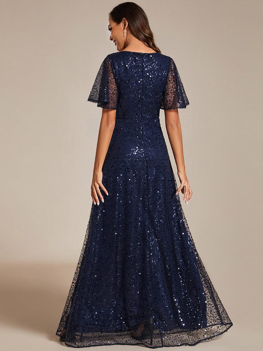 Shimmering All Over Sequin Short Sleeves A-Line Formal Evening Dress #color_Navy Blue