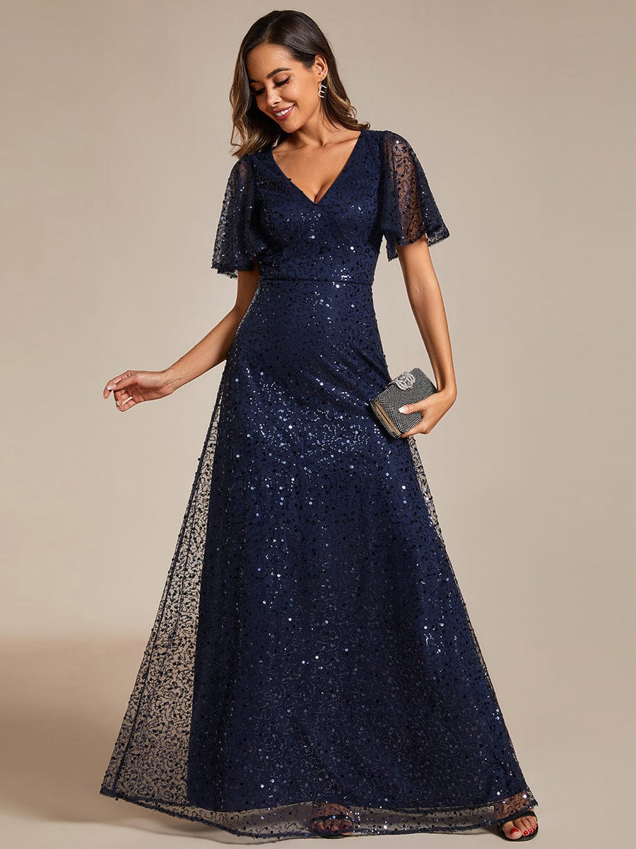 Shimmering All Over Sequin Short Sleeves A-Line Formal Evening Dress #color_Navy Blue