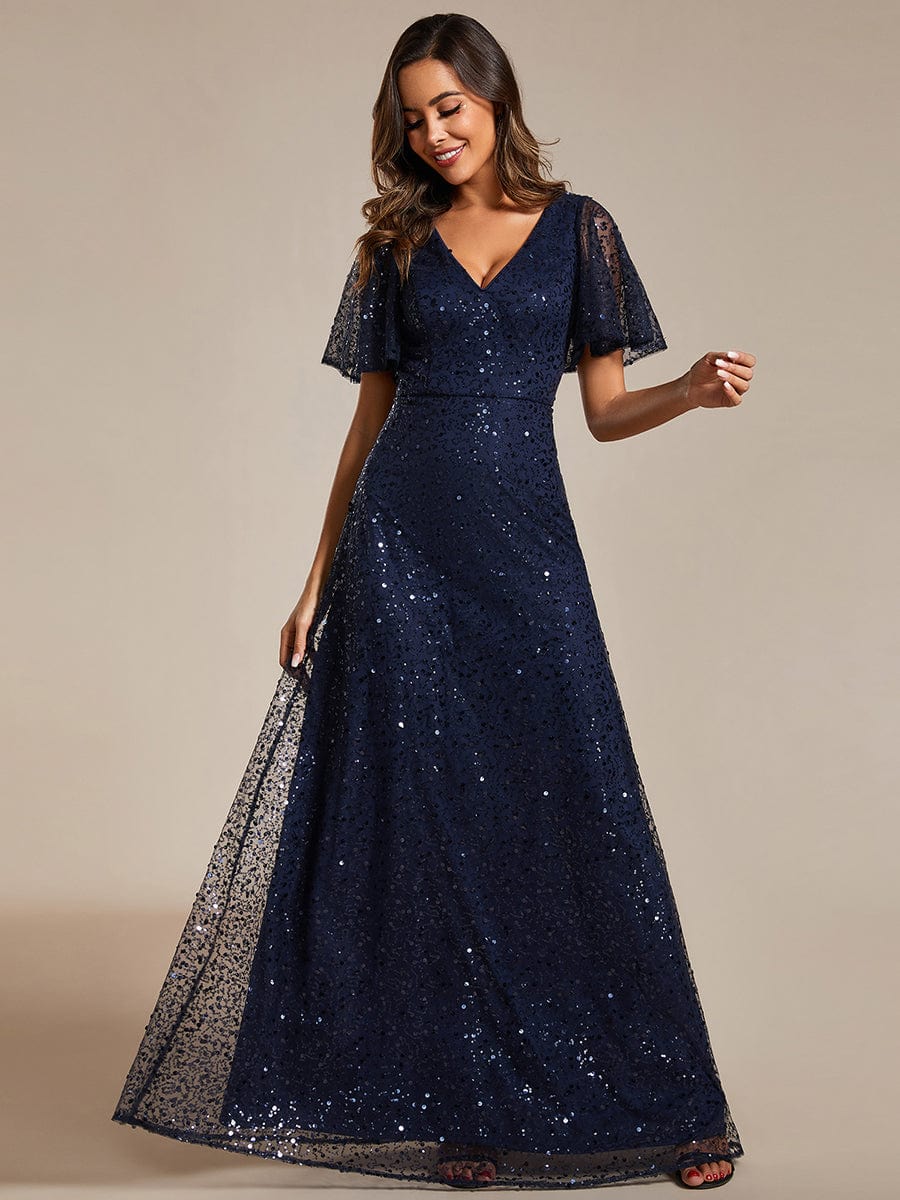 Shimmering All Over Sequin Short Sleeves A-Line Formal Evening Dress #color_Navy Blue