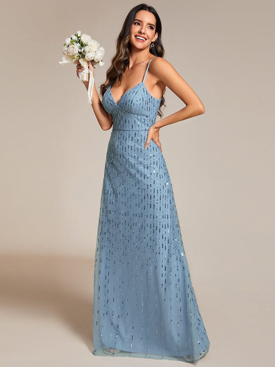 Paillette Spaghetti Straps Formal Evening Dress with Deep V-neck #color_Light Blue