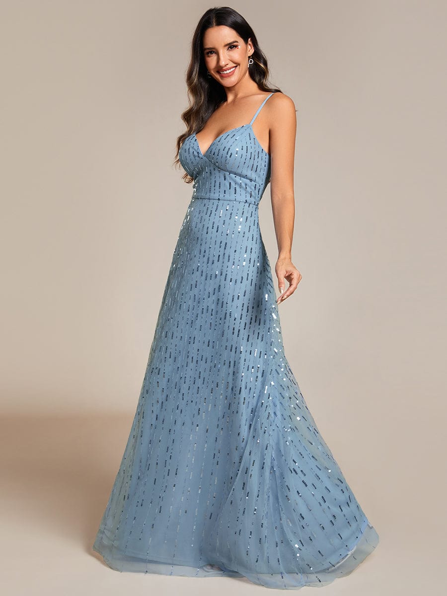 Paillette Spaghetti Straps Formal Evening Dress with Deep V-neck #color_Light Blue