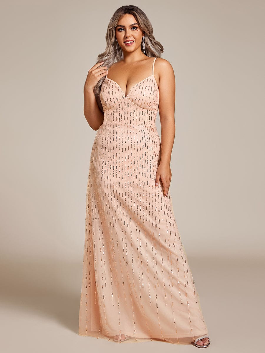 Paillette Spaghetti Straps Formal Evening Dress with Deep V-neck #color_Rose Gold