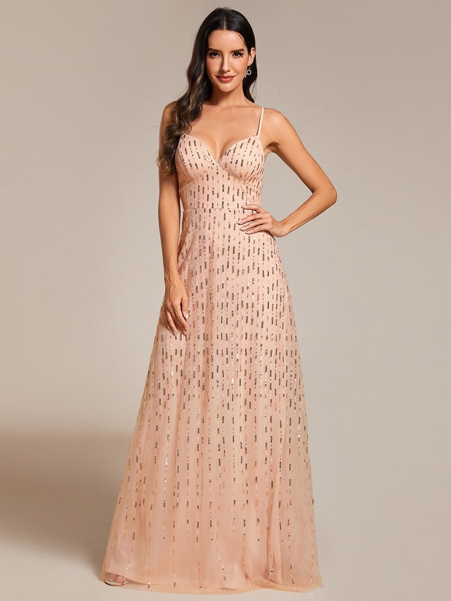 Paillette Spaghetti Straps Formal Evening Dress with Deep V-neck #color_Rose Gold