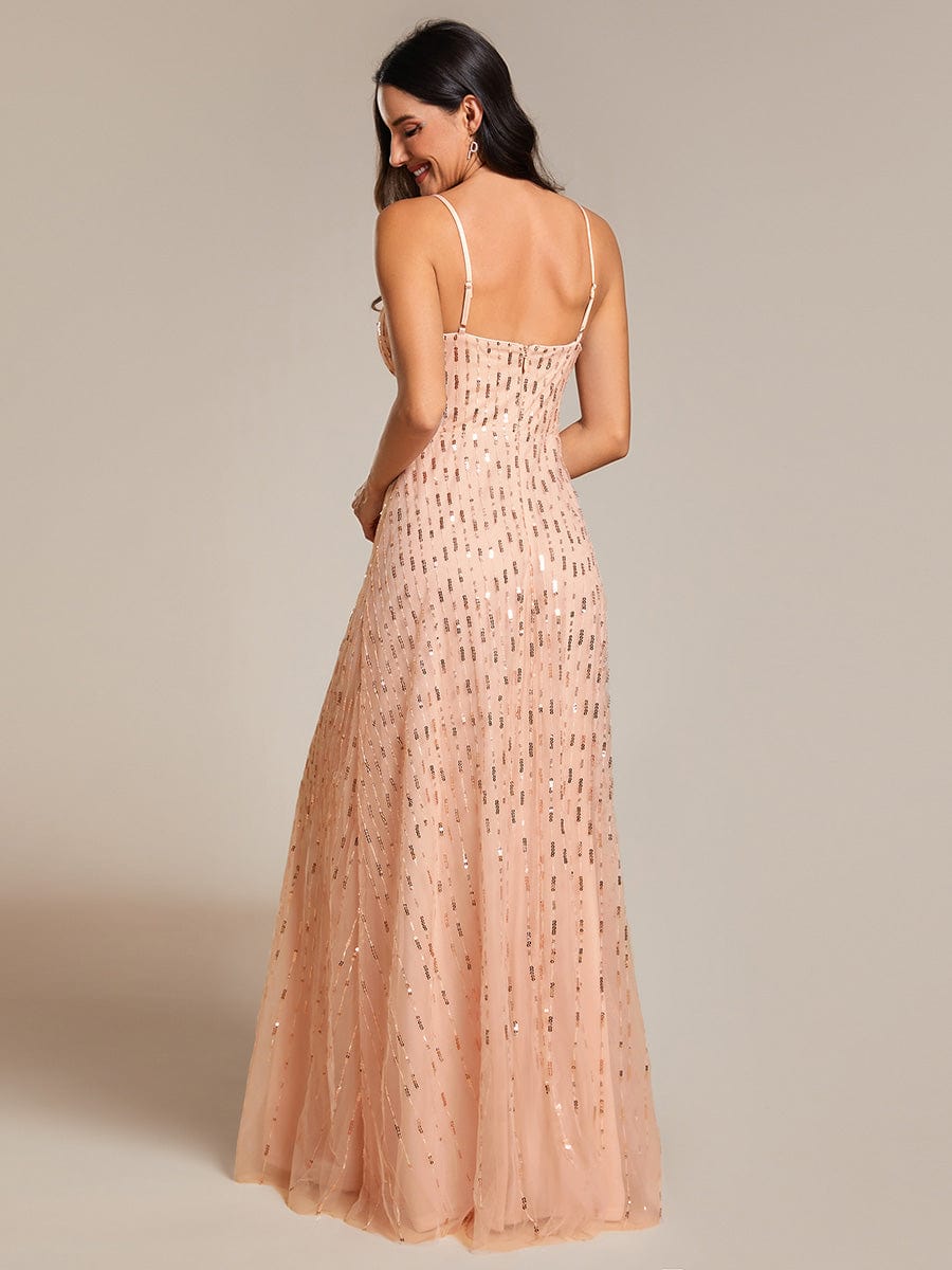 Paillette Spaghetti Straps Formal Evening Dress with Deep V-neck #color_Rose Gold